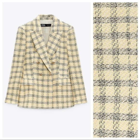NWT. Zara Yellow/Black Textured Plaid Double Breasted Blazer. Size S. - Picture 6 of 11